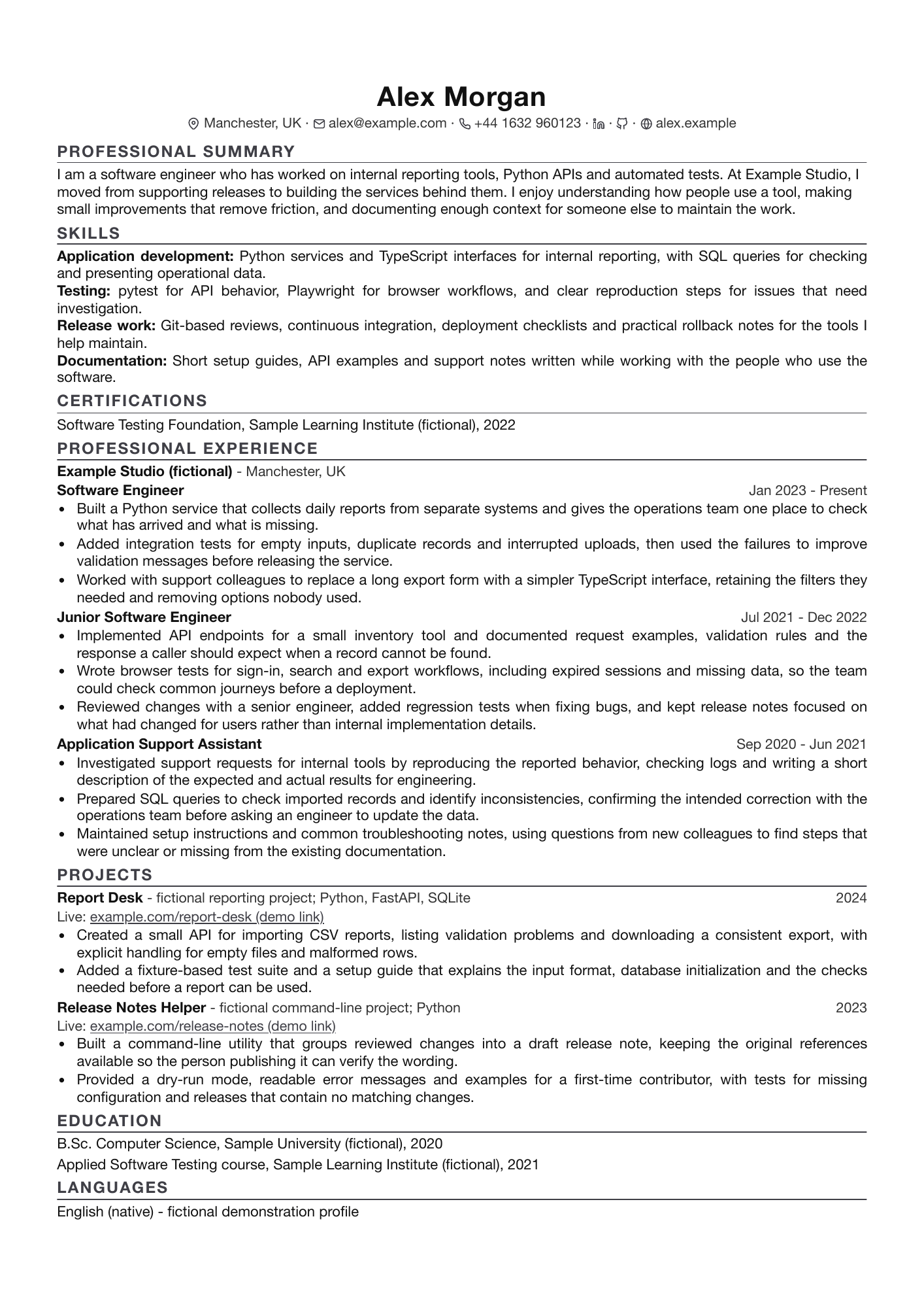 Actual screenshot of a one-page CV produced by cv-witness's template and renderer. Alex Morgan and all experience are fictional. Open the linked PDF to read its selectable text.